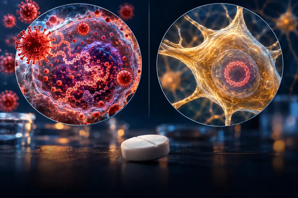 Duas ampliações conceituais comparam replicação viral e latência em célula nervosa; um comprimido sem marca aparece em primeiro plano.