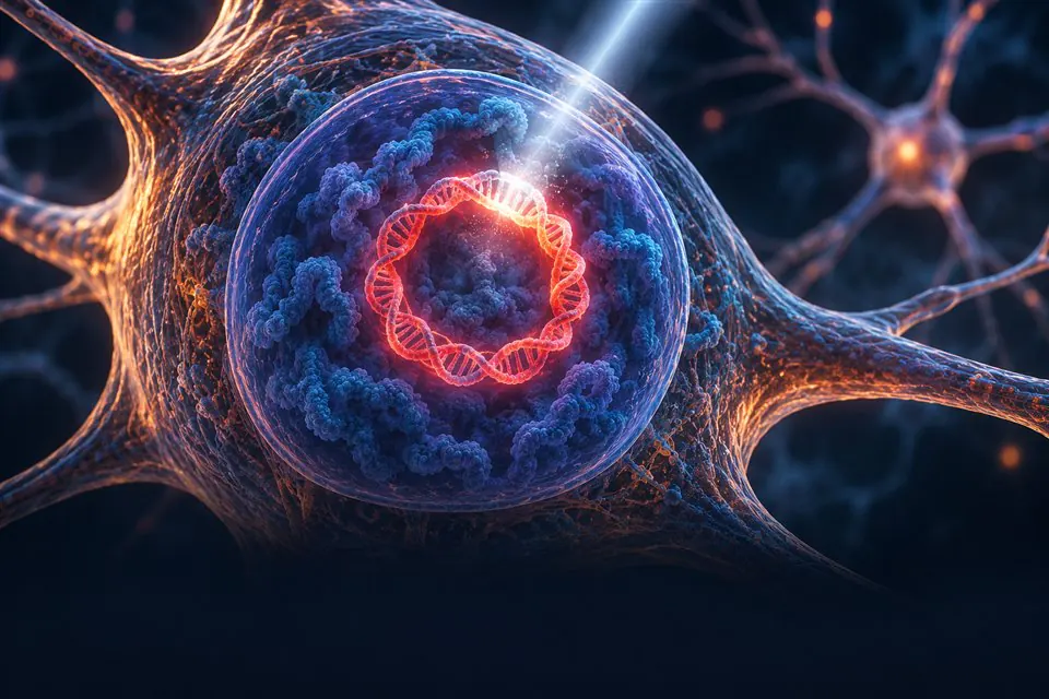 Representação conceitual de um anel de DNA viral dentro do núcleo de uma célula nervosa.