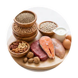 Composição de carnes, peixe, ovos, laticínios, grãos e castanhas, ilustrando fontes alimentares de aminoácidos.