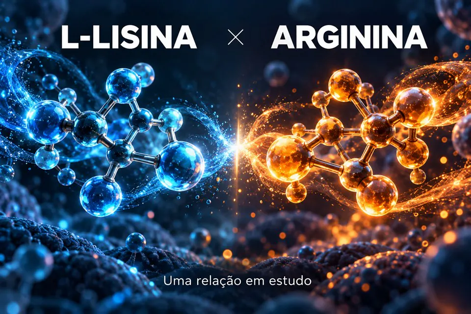Lisina em azul e arginina em laranja, representadas por formas moleculares abstratas em lados opostos, como metáfora de uma relação em estudo.
