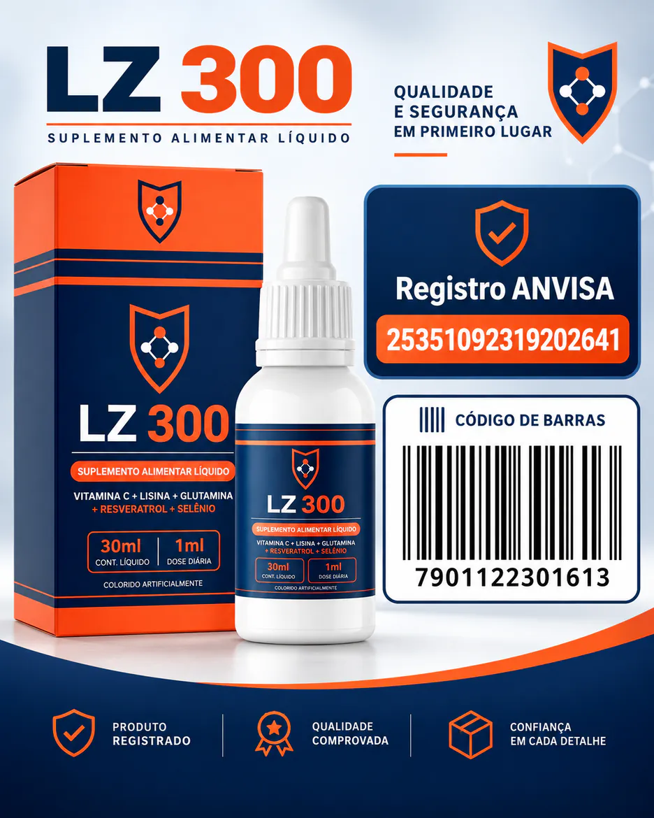 Arte promocional fornecida do LZ 300, com frasco, embalagem, ingredientes e número apresentado na arte como registro Anvisa.