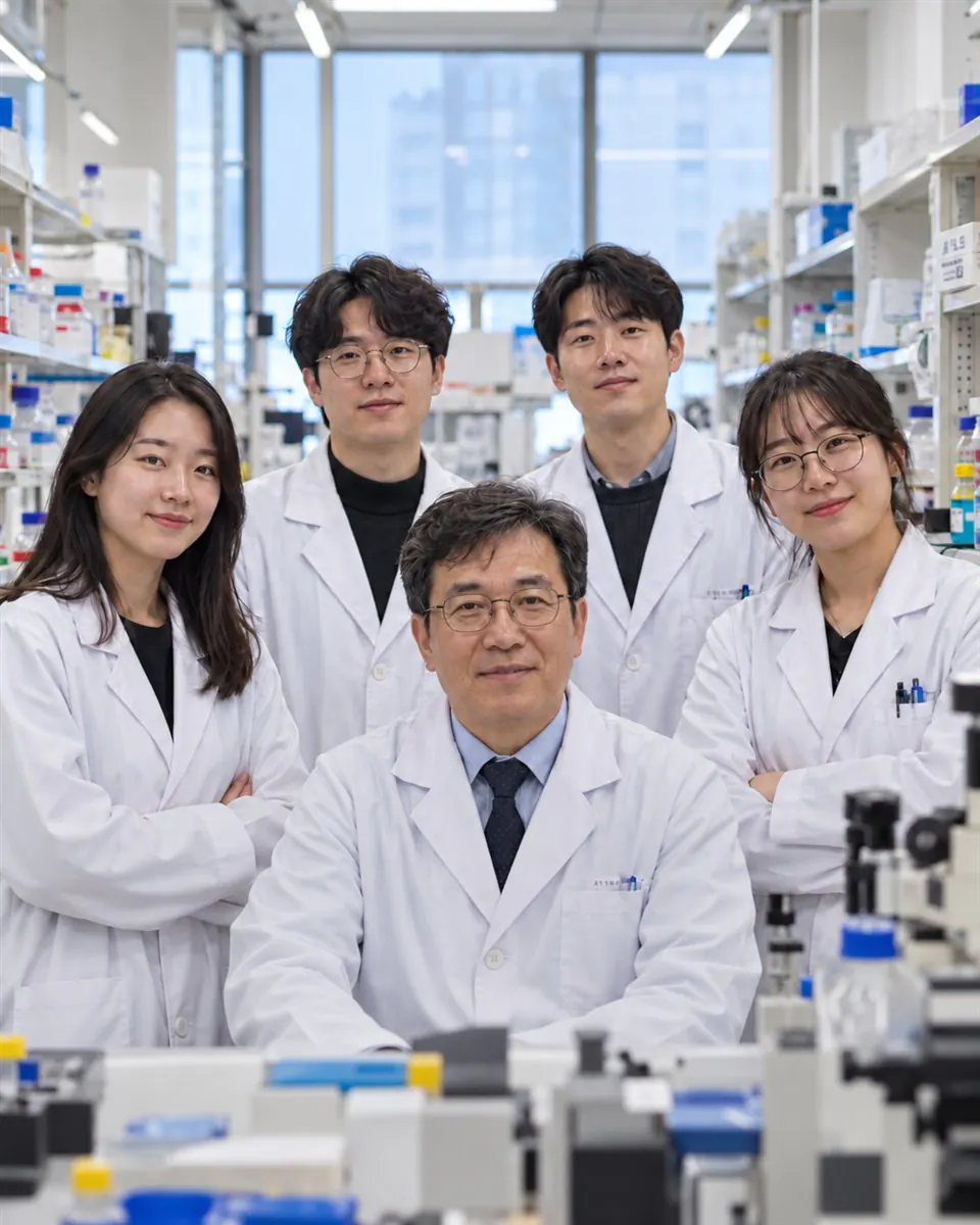 Imagem ilustrativa de cinco pesquisadores de jaleco em um laboratório