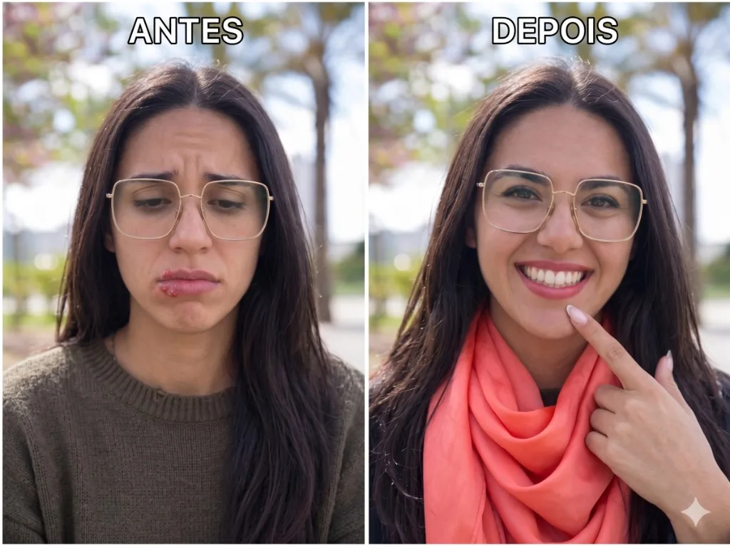 Antes e depois — caso real de herpes labial em mulher de 27 anos