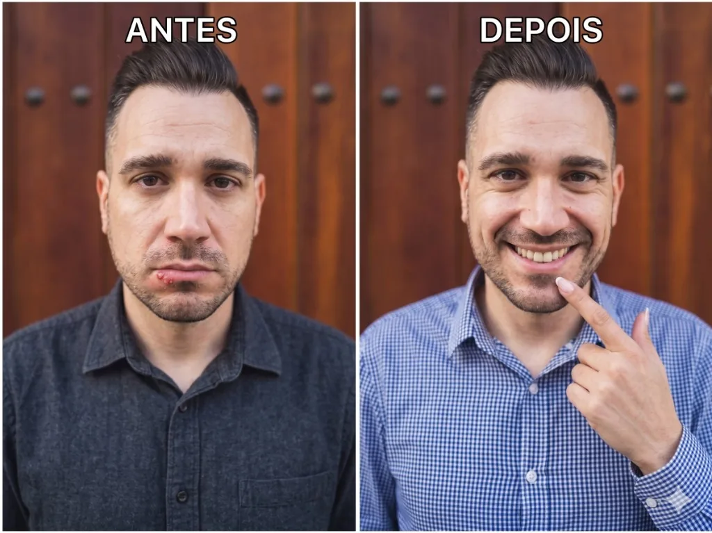 Antes e depois — caso real de herpes labial em homem de 34 anos